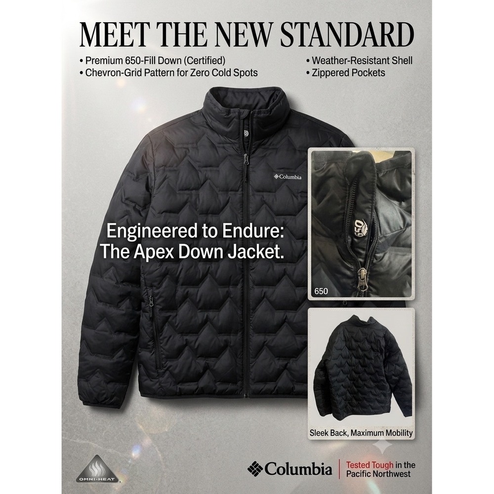 Columbia Apex Down Jacket Mens Black 650-Fill Puffer Omni-Heat Chevron Quilt